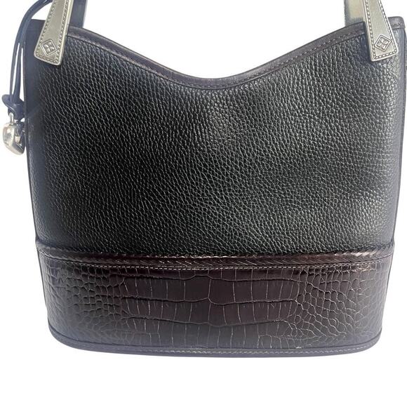 Brighton Leather Shoulder Bag Womens Black Brown Croc Trim Braided Strap 221067 - Picture 6 of 11